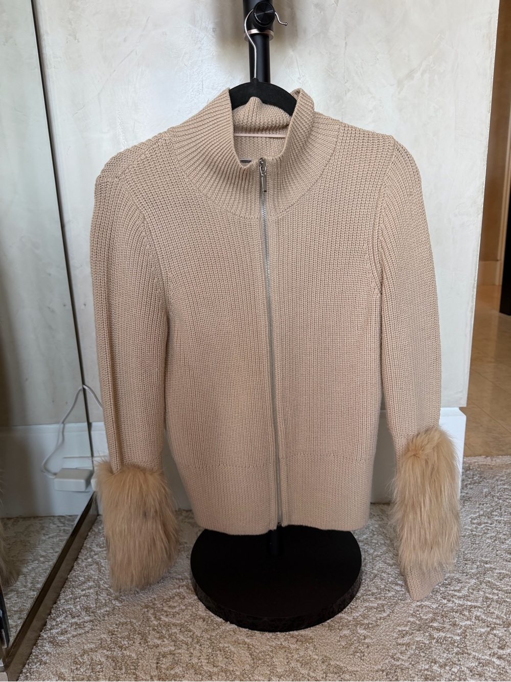 Elie Tahari Beige Knit Zip-Front Jacket with Fur Cuffs